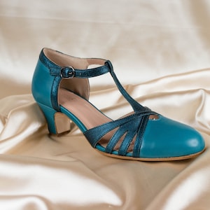 T-strap Heels, Women's Leather Sandals, Vintage Swing Shoes, Mary Janes - Ocean Blue