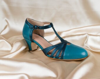 T-Riemen Heels, Damen Ledersandalen, Vintage Swing Schuhe, Mary Janes - Ocean Blue