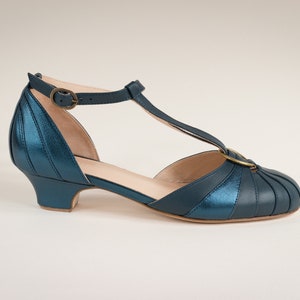 Vintage Art Deco Heels 3.5 cm, Women's Leather Sandals, Swing Shoes, Mary Janes Velvet Blue image 2