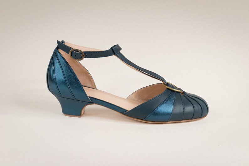 Vintage Art Deco Heels 3.5 cm, Women's Leather Sandals, Swing Shoes, Mary Janes Velvet Blue image 2