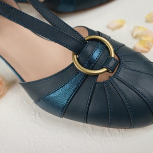 Vintage Art Deco Heels 3.5 cm, Women's Leather Sandals, Swing Shoes, Mary Janes Velvet Blue zdjęcie 4
