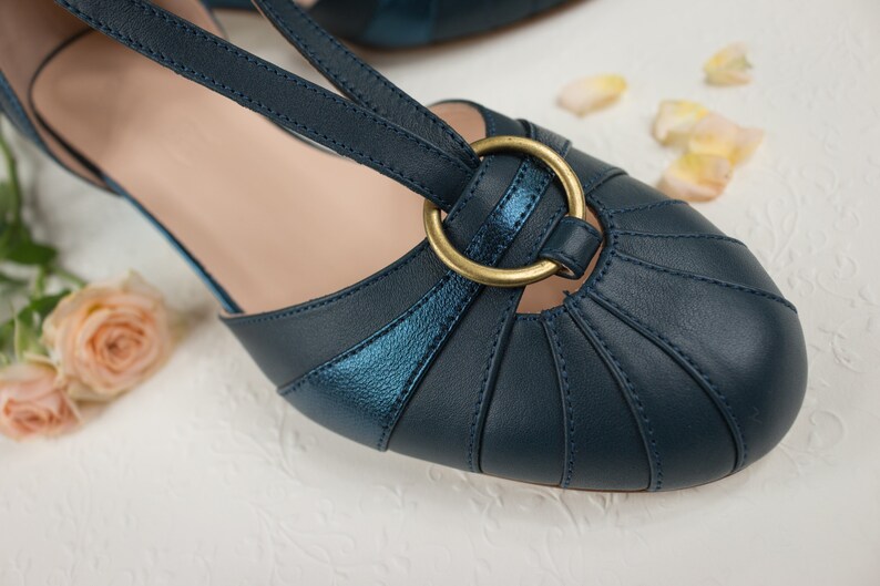 Vintage Art Deco Heels 3.5 cm, Women's Leather Sandals, Swing Shoes, Mary Janes Velvet Blue image 4