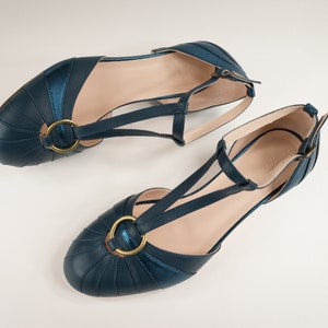 Vintage Art Deco Heels 3.5 cm, Women's Leather Sandals, Swing Shoes, Mary Janes Velvet Blue zdjęcie 5