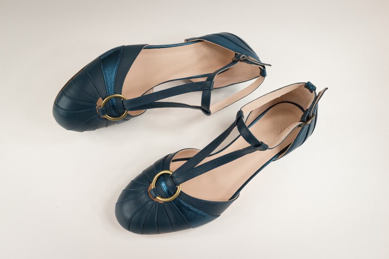 Vintage Art Deco Heels 3.5 cm, Women's Leather Sandals, Swing Shoes, Mary Janes Velvet Blue zdjęcie 5