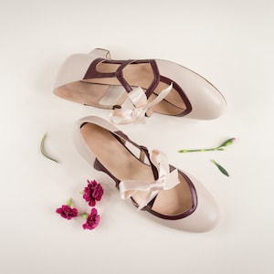 Vintage Heels 3,5 cm, Damen Leder Sandalen, Coquette Swing Schuhe, Mary Janes - Rose Blush