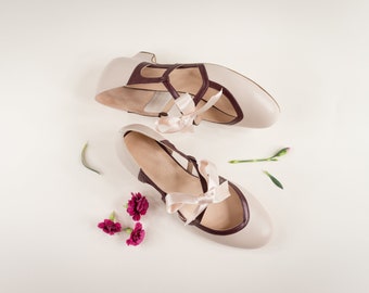 Vintage Heels 3.5 cm, Women's Leather Sandals, Coquette Swing Shoes, Mary Janes - Rose Blush