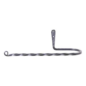 May include: A dark gray metal towel holder featuring a long, horizontally oriented bar with a twisted texture and a curled end. The bar connects to a vertical mounting plate with a single screw hole, designed for attachment to a flat surface.