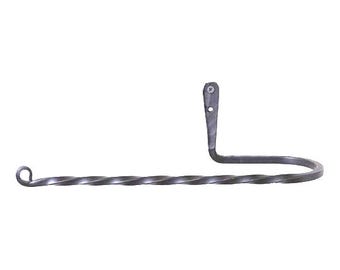 May include: A dark gray metal towel holder featuring a long, horizontally oriented bar with a twisted texture and a curled end. The bar connects to a vertical mounting plate with a single screw hole, designed for attachment to a flat surface.