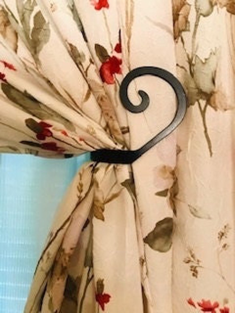 Swirl Curtain Tie Backs Pair / Hand Forged Wrought Iron Pair image 1
