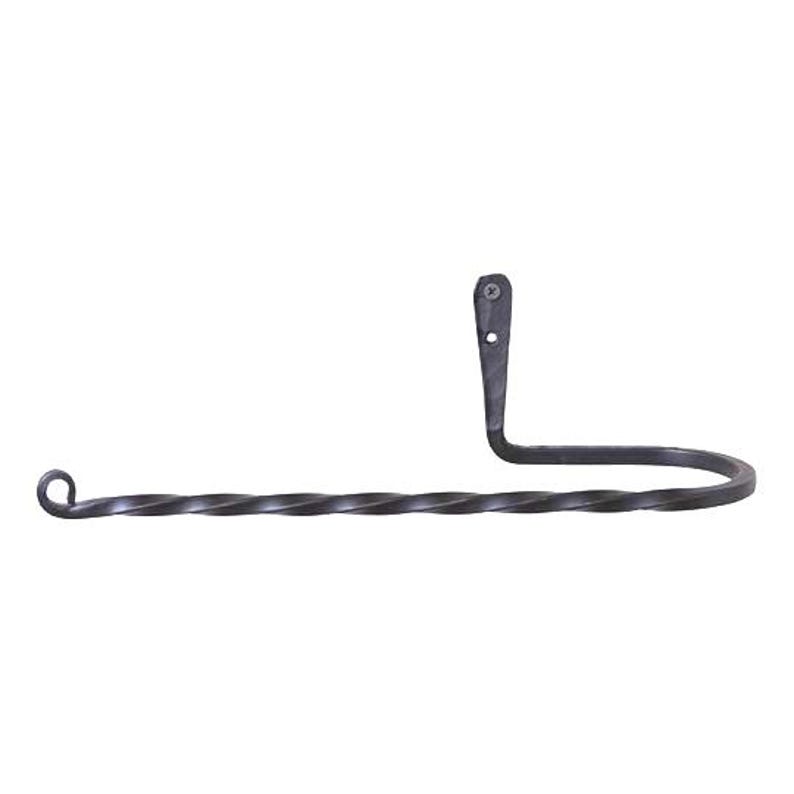 May include: Black metal twisted towel rack with a curved arm for hanging towels.