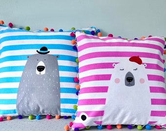 Brightly Striped and Friendly Bears Make These Adorable Home Decor Pillows Perfect for A Kid's Room, Sun Porch, or Breakfast Nook
