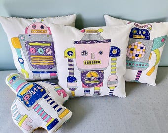 Retro Robot Pillows & Stuffie Toy - Perfect Christmas Gift for Little Kids and Big Kids. Great in a Kids Room, Game Room, or Studio