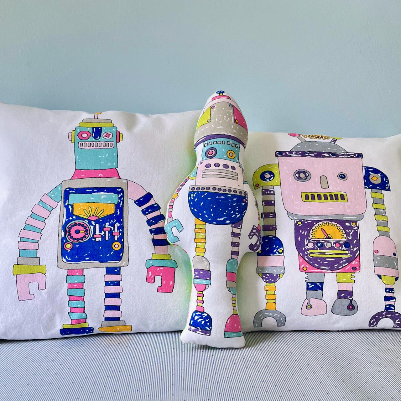 Retro Robot Pillows & Stuffie Toy - Perfect for Little Kids and Big Kids. Great in a Kids Room, Game Room, or Studio  The Perfect Gift!