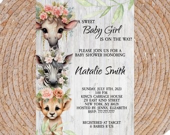 Editable Safari Girl Baby Shower Invitation girl Wild One baby shower invite jungle baby shower digital download | C25D2