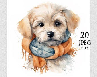 Watercolor Puppy 20 JPEGs Files Puppy Clipart Pack Dog Print instant download, clipart bundle