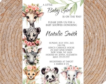 Editable Girl Baby Shower Invitation girl Safari baby shower invite jungle baby shower invitation digital download | C28G