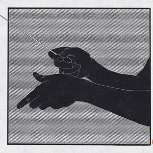 May include: A black and white illustration of a hand holding a conductor's baton. The hand is in a gesture of conducting an orchestra.