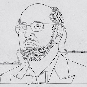 May include: Line drawing of a man with a beard and glasses wearing a bow tie. The drawing is in black and white and is set against a light gray background.