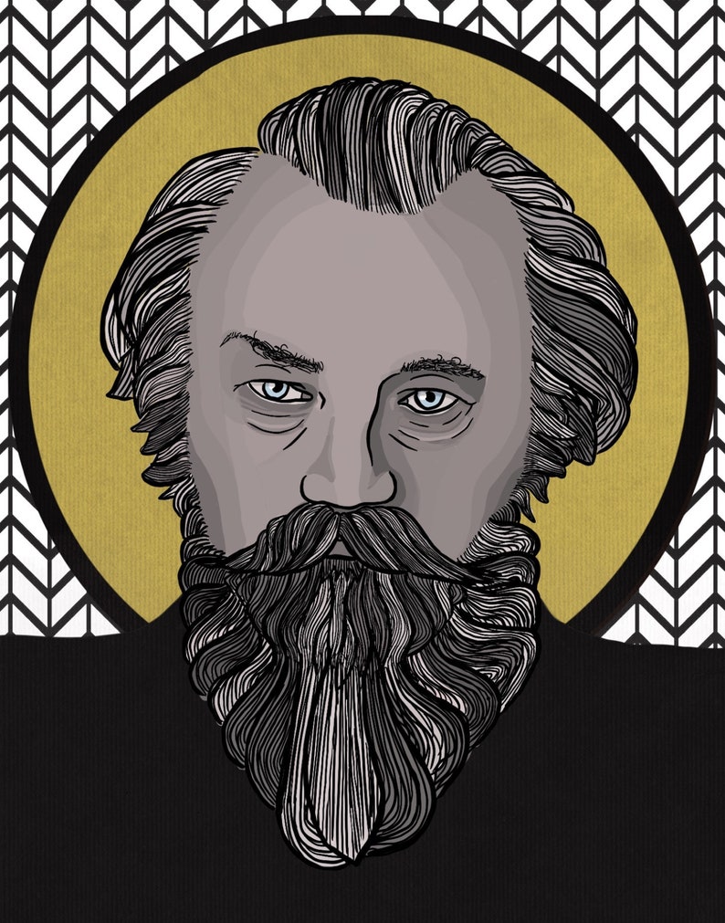 May include: Digital illustration of a man with a long beard and mustache, set against a gold circle and a black and white chevron pattern. The man has gray hair and a serious expression.