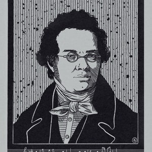 May include: A black and white illustration of a man with dark hair and glasses wearing a bow tie and a suit jacket. The image is set against a background of vertical lines and includes musical notes and the text "ein Freundeshaupt, ge-senkt, das auch so mei-ner denkt."