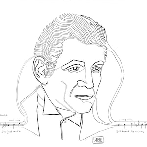 May include: A black and white line drawing of a man's face with a musical score below. The text in the score reads "Moderato con anima mf (warmly) Ma-ri-a! I've just met a girl named Ma-ri-a and sud-dan-ly".