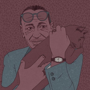 Igor Stravinsky Hugs a Cat, art print