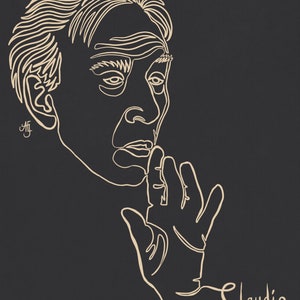 May include: A beige line drawing of a man's face and hand on a dark grey background. The name "Claudio Abbado" is written in cursive. The artwork is a minimalist style portrait.