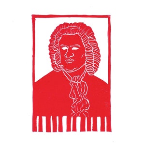 May include: Red linocut print of a portrait of a man with a white wig and a white cravat. The print is framed in a red rectangle and has a fringe of red lines at the bottom.