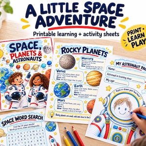 Może przedstawiać: Zestaw drukowanych arkuszy edukacyjnych i ćwiczeń o tematyce kosmicznej z ilustracjami astronautów, planet i tekstem. Zawiera wykreślankę, arkusz informacyjny o planetach skalistych oraz stronę do uzupełnienia.