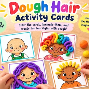 May include: Dough Hair Activity Cards set featuring illustrated character cards, colourful modelling dough, and step-by-step instructions. The cards show cartoon faces to decorate with dough hairstyles. Includes text: Dough Hair Activity Cards.