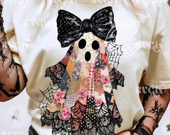 Patchwork Ghost Png, Lace Ghost Png, Retro Halloween Png, Spooky Season Png, Coquette Ghost Png, Fall Coquette Png, Preppy Fall Png