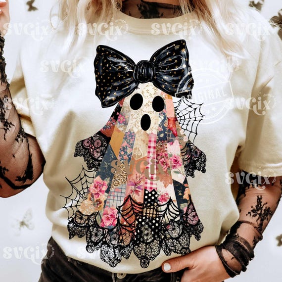 Patchwork Lace Ghost Png, Retro Halloween, Fall Coquette (Digital Download)