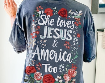 She loves Jesus and America too PNG, Christian Patriotic PNG, 4th of July Floral Design, Faith 4th July Png, Independence Day by SVGix