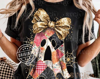 Fantasma de patchwork PNG, Fantasma con purpurina PNG, Halloween retro PNG, Temporada espeluznante PNG, Fantasma coqueto PNG, Coqueta de otoño PNG, Otoño preppy PNG