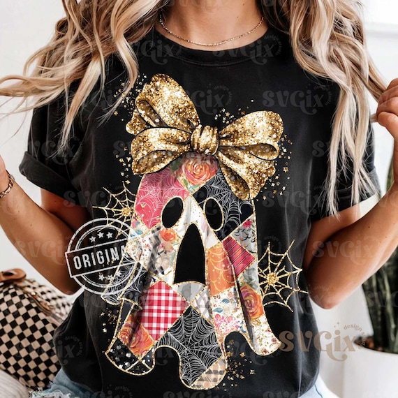 Patchwork Ghost Png, Glitter Ghost Png, Retro Halloween Png, Spooky Season Png, Coquette Ghost Png, Fall Coquette Png, Preppy Fall Png