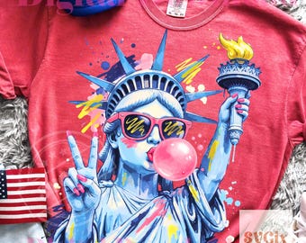 Bubblegum Liberty PNG, preppy patriotic png, statue liberty png, july 4th girl png, trendy usa png, americana girl png
