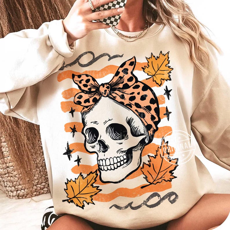 PNG de calavera con lazo de otoño, PNG de mamá de otoño, PNG de calavera de Halloween, PNG de Halloween retro, PNG de Halloween preppy, PNG de otoño occidental, PNG espeluznante y lindo imagen 1