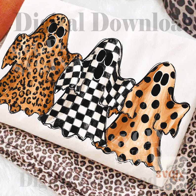 Preppy Ghosts Trio PNG, Cozy Fall PNG, Cute Halloween png, Checkered Ghost PNG, Boho Fall Digital Download image 8