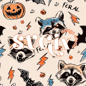 May include: A seamless pattern featuring Halloween-themed illustrations. The design includes orange jack-o'-lanterns, raccoons, bats, and lightning bolts in black, orange, and blue on a cream background. The word "FERAL" is also present.