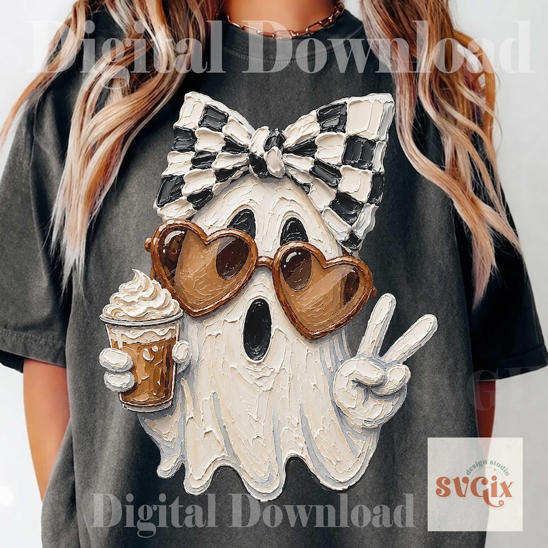 May include: A charcoal gray t-shirt featuring a textured, impasto-style graphic of a white ghost wearing a black and white checkered bow, brown heart-shaped sunglasses, and holding a coffee cup while making a peace sign with one hand.