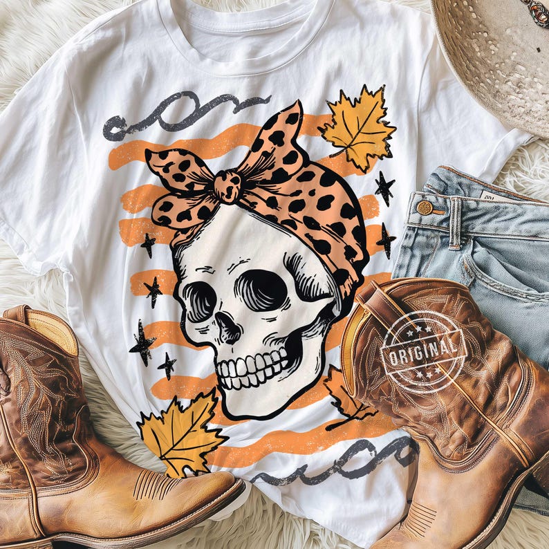 PNG de calavera con lazo de otoño, PNG de mamá de otoño, PNG de calavera de Halloween, PNG de Halloween retro, PNG de Halloween preppy, PNG de otoño occidental, PNG espeluznante y lindo imagen 3