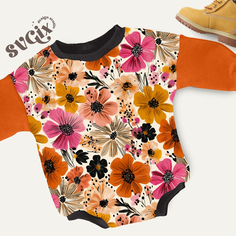 May include: A baby bodysuit with a floral pattern in shades of pink, orange, yellow, and black. The sleeves are solid orange, and the neckline is black. The design studio logo "svgix" is in the upper left corner.