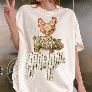Zwierzęta gospodarskie png, hOMESTEADER png, Zwierzęta boho PNG, Krowa sztuczna patchworkowa png, Kura świnia krowa png,