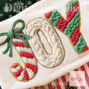 May include: A decorative embroidery design spelling the word JOY. The letter J is a candy cane pattern with a green bow, the O is a braided white yarn texture, and the Y features alternating red and green stitches, all outlined in gold glitter.