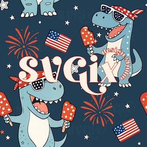 May include: A seamless pattern featuring blue dinosaurs wearing red, white, and blue bandanas and sunglasses. The dinosaurs are holding red, white, and blue popsicles. The background is a dark blue with red, white, and blue fireworks and stars. The text "SVGix Design Studio" is in the center of the pattern.
