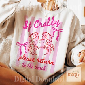 May include: A white sweatshirt with a pink crab graphic and the text "If Crabby please return to the beach." The design includes pink vertical stripes and bows. The sweatshirt is a casual, beach-themed apparel item.