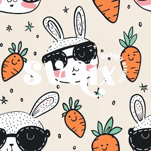 以下が含まれることがあります： 薄いベージュの背景に、サングラスをかけた白いウサギと、緑の葉のついた笑顔のニンジンが描かれたシームレスなパターン。ウサギは黒い目と黒い鼻をしています。ニンジンは黒い目と黒い笑顔をしています。また、パターン全体に小さな白い星が散りばめられています。