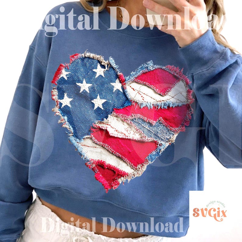 May include: A blue cropped sweatshirt with a heart-shaped design made from denim and red fabric patches, resembling the American flag. The design includes white stars on a blue denim background and red and white stripes.