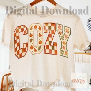 Cozy Fall PNG, Retro Autumn PNG, Pumpkin Checkerboard Floral Fall Shirt Design, Trendy Cozy Season PNG (Digital Download) image 2
