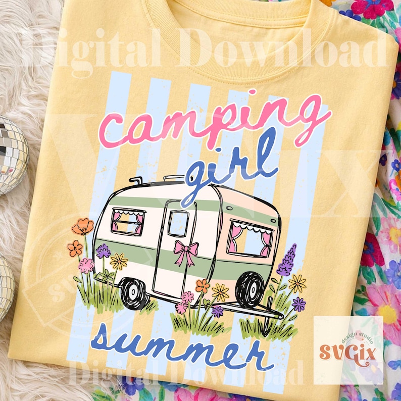 May include: Yellow t-shirt featuring a green and white campervan illustration, surrounded by flowers, and the words "camping girl summer" in pink and blue. The design has a vintage feel.